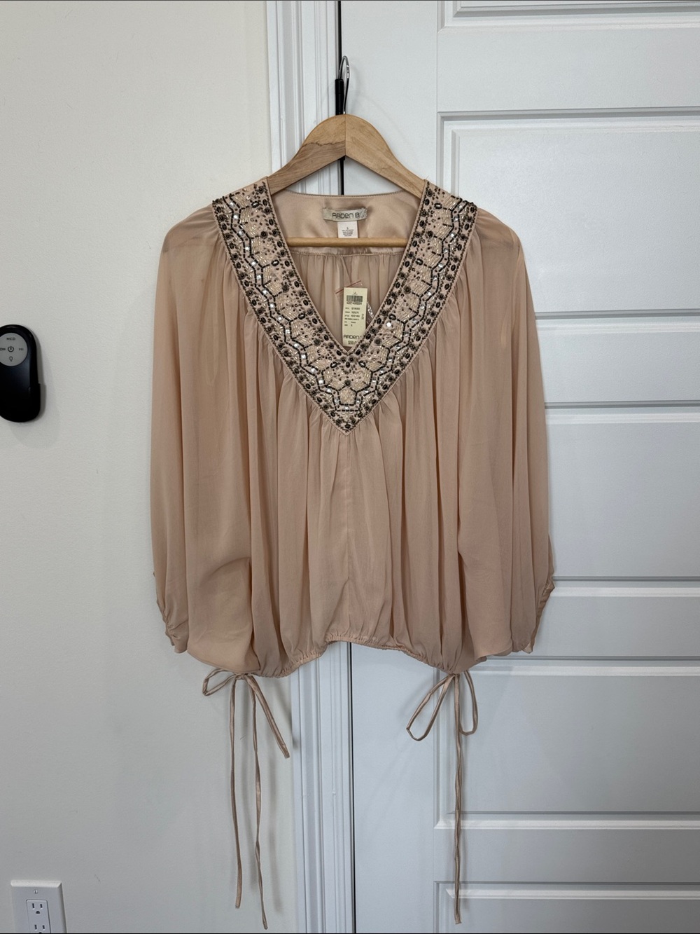 NEW Arden B Fancy Sheer Nude Blouse Flowy Top Jeweled Neckline, size Small